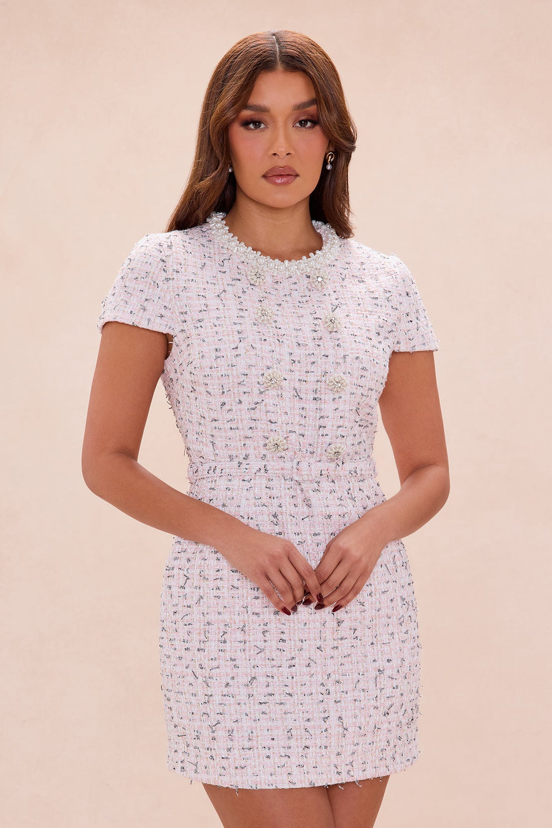 Sophia Belted Tweed Mini Dress - Light Pink
