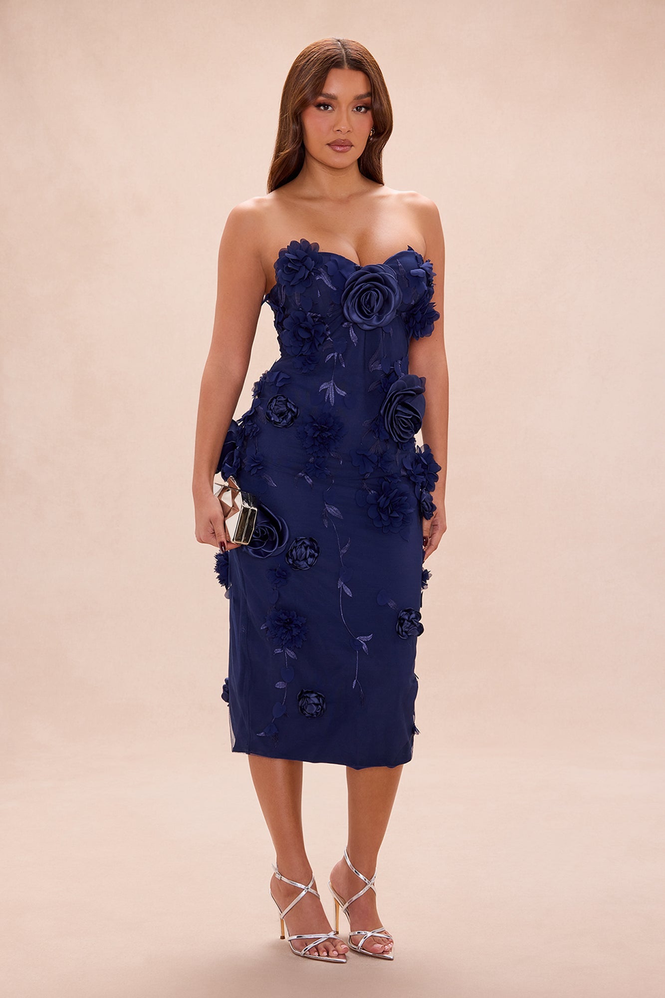Tiana Strapless Floral Midi Dress - Navy