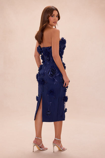 Tiana Strapless Floral Midi Dress - Navy