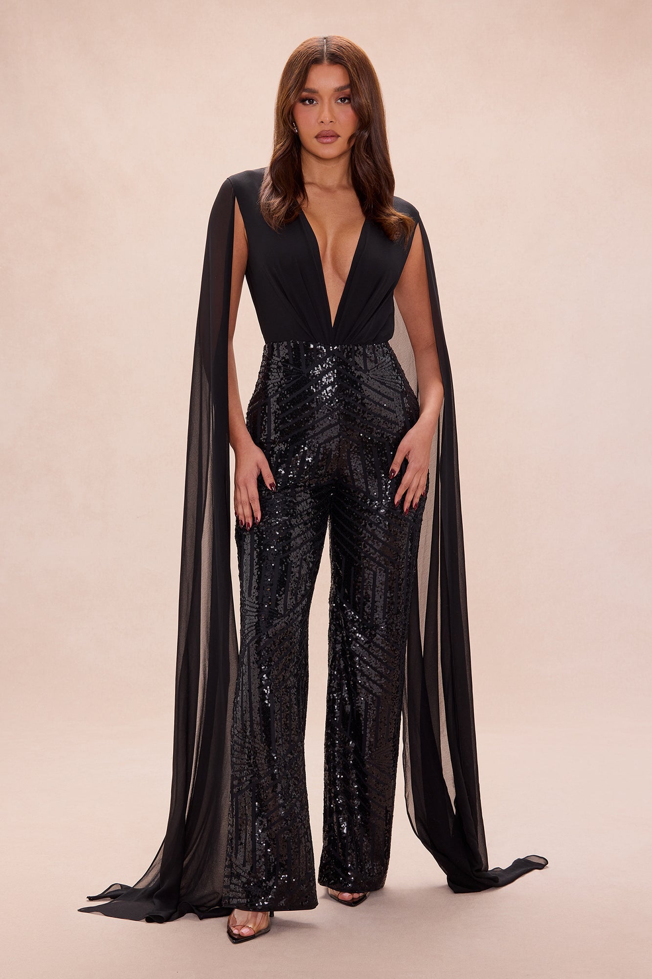 Causing Commotion Draped Sequin Jumpsuit - Black