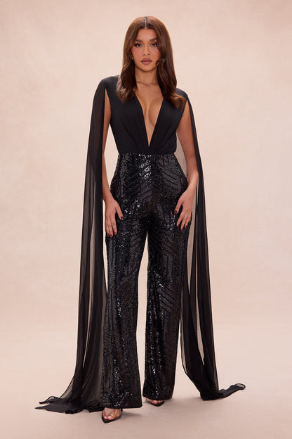 Causing Commotion Draped Sequin Jumpsuit - Black