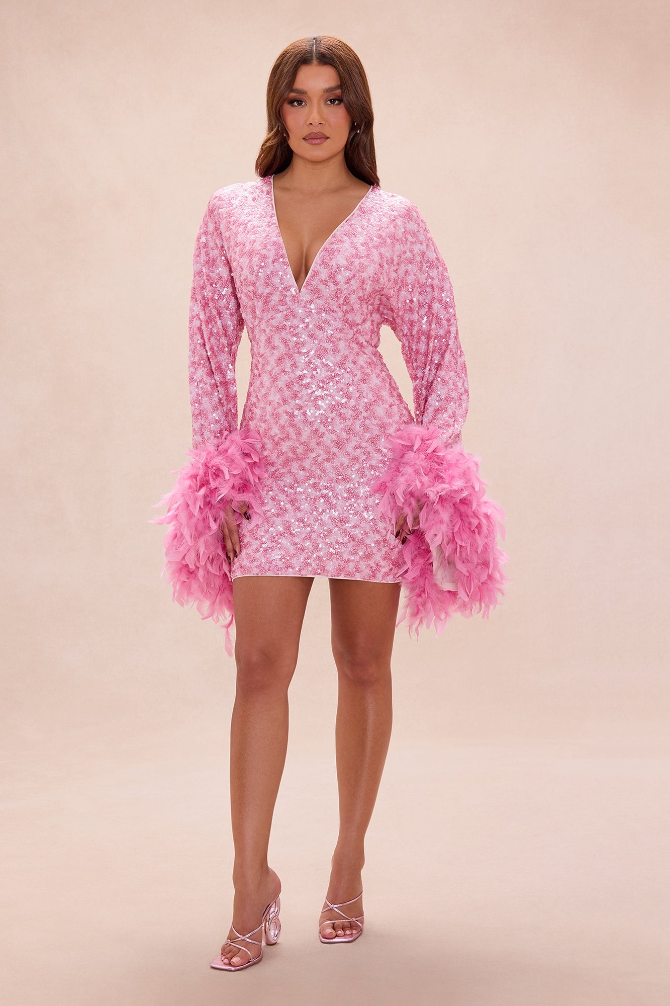 Opal Dreams Feathered Sequin Mini Dress - Pink