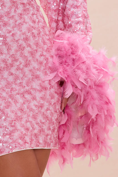 Opal Dreams Feathered Sequin Mini Dress - Pink
