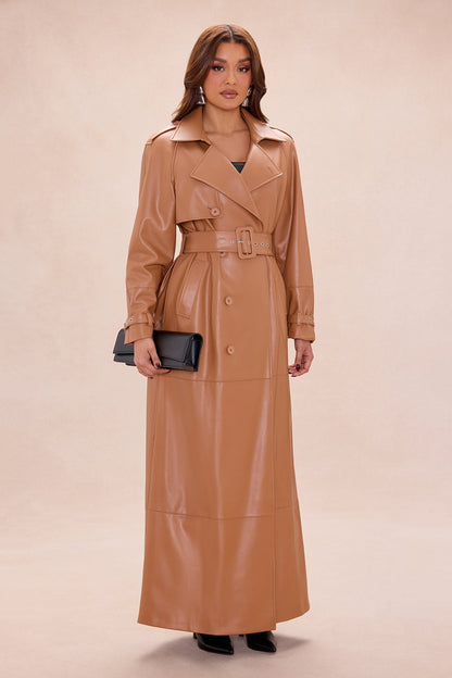 Incognito Belted Faux Leather Coat - Camel