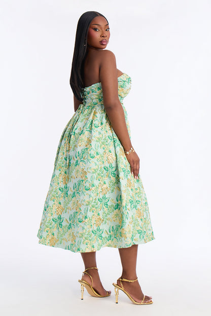 Sweet Like Me Glitter Floral Jacquard Midi Dress - Green