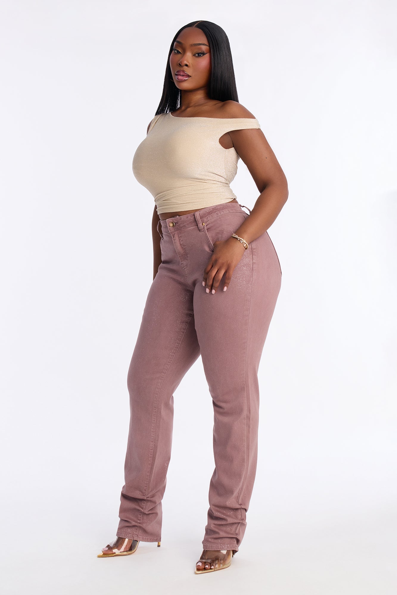 Giselle Glitter Foil Stacked Slim Straight Leg Jean - Mauve