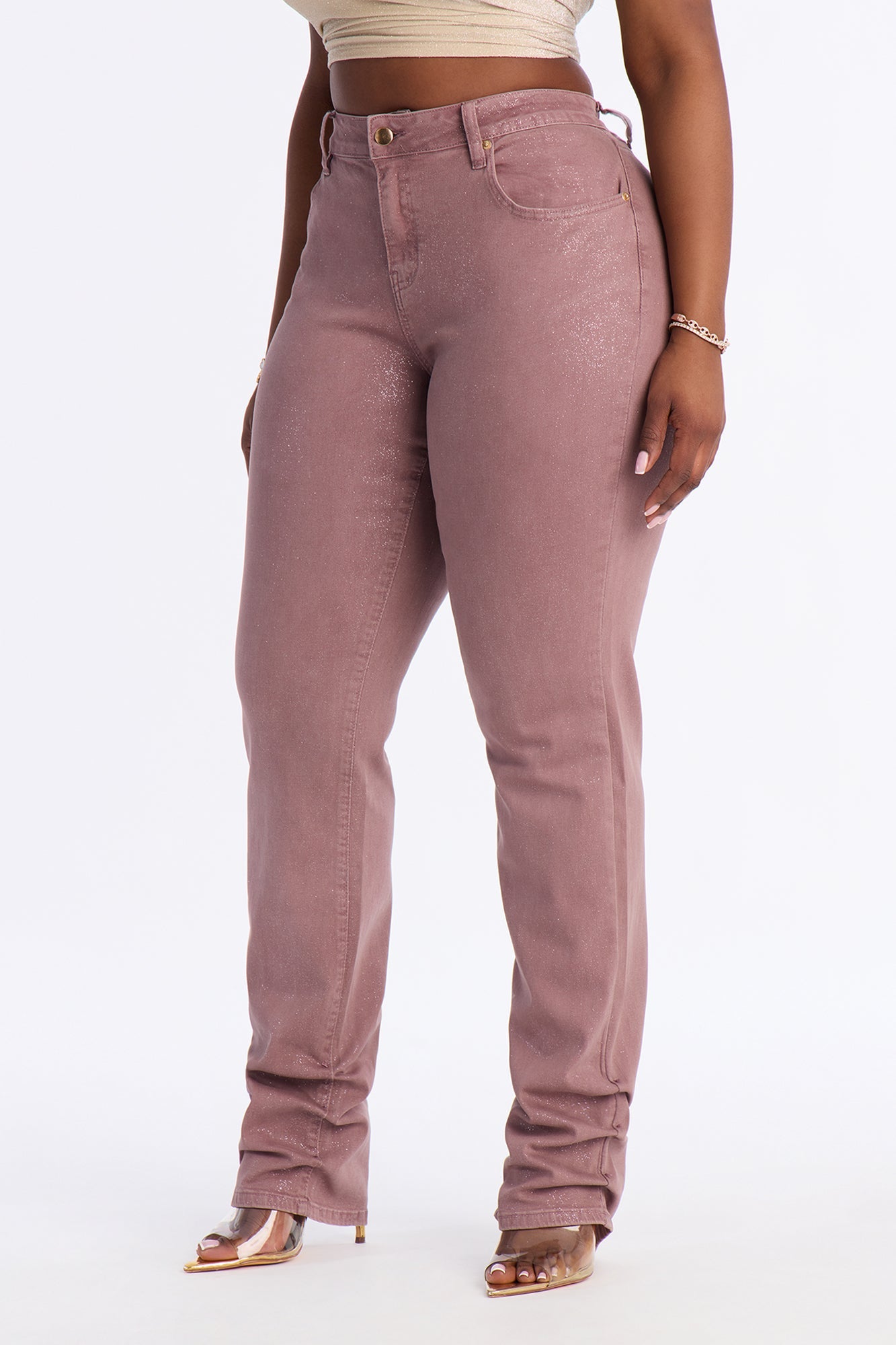 Giselle Glitter Foil Stacked Slim Straight Leg Jean - Mauve