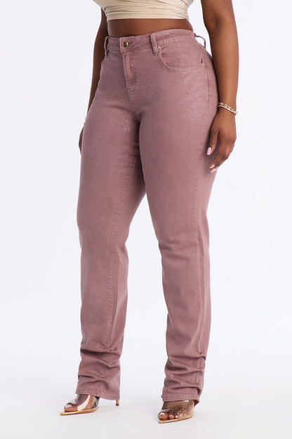 Giselle Glitter Foil Stacked Slim Straight Leg Jean - Mauve
