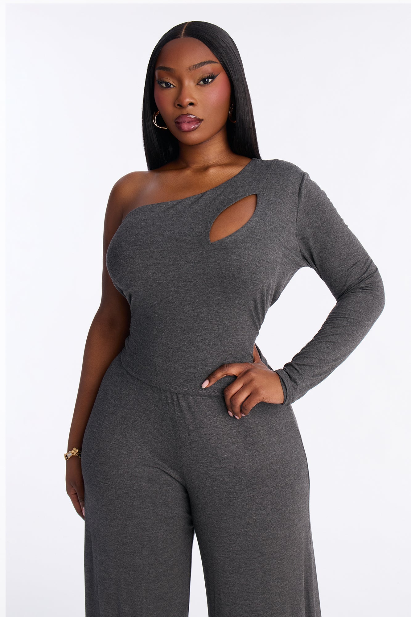 Back For More One Shoulder Pant Set - Charcoal