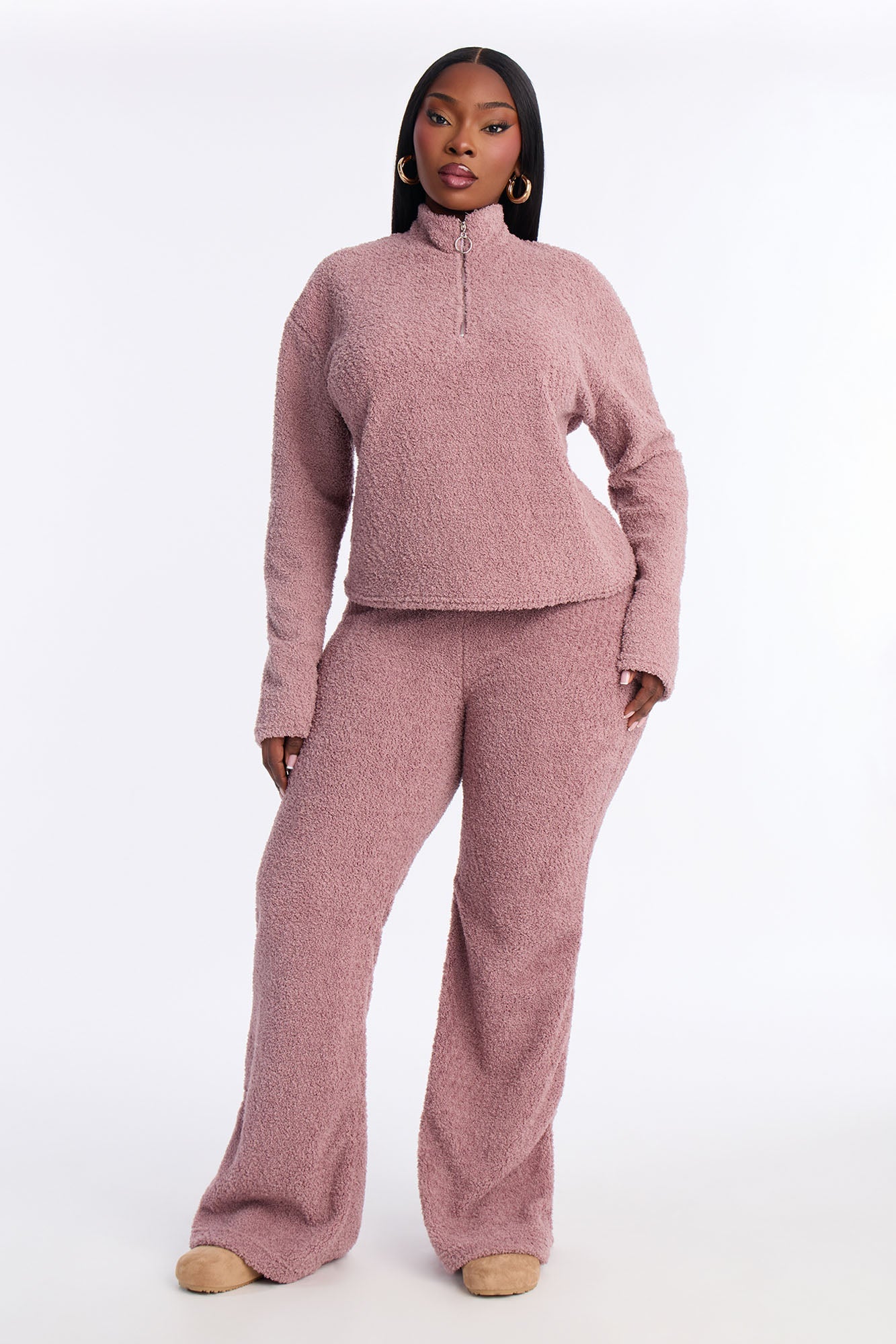 Lana Sherpa Quarter Zip Lounge Sweatshirt - Mauve