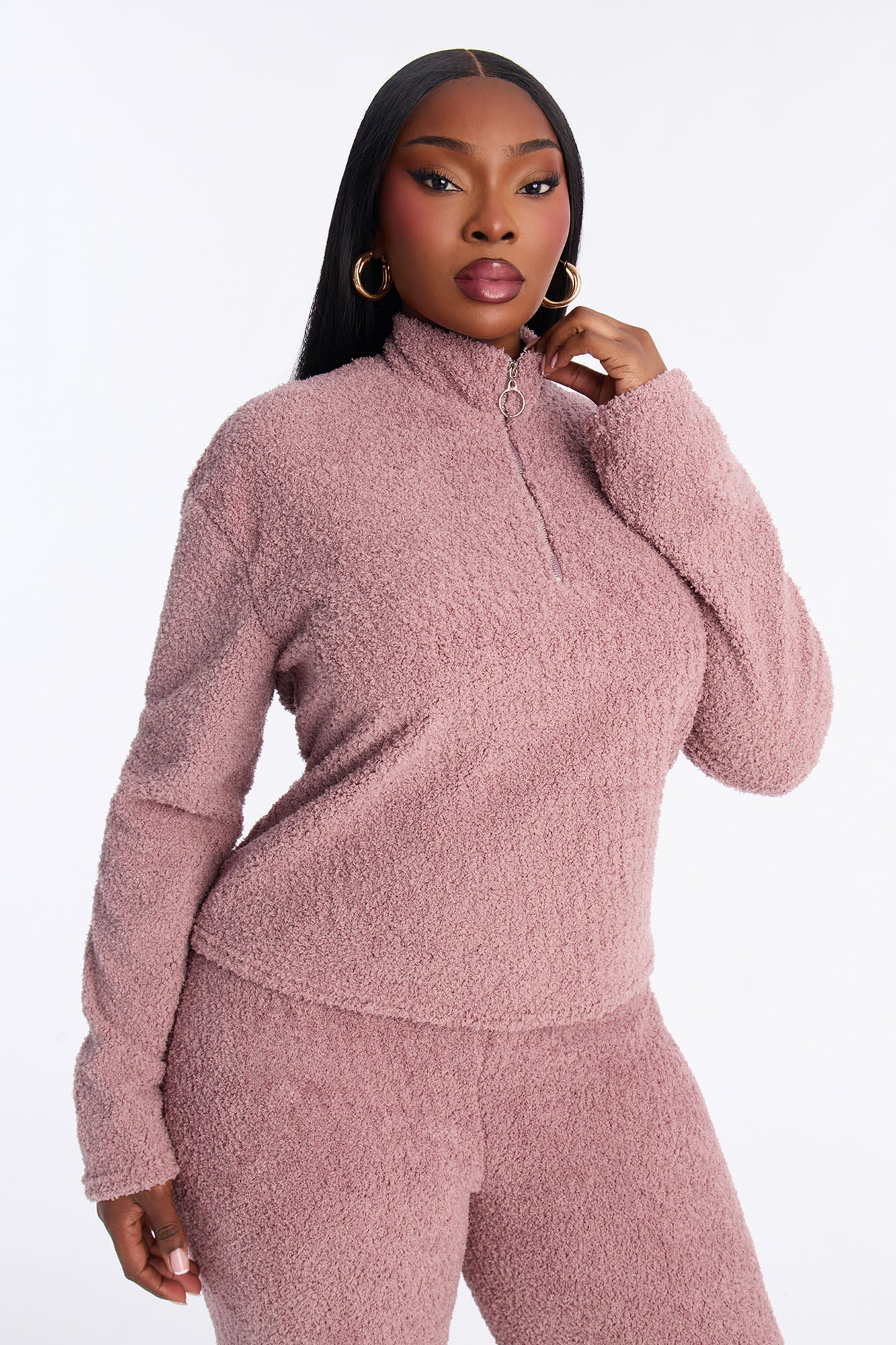 Lana Sherpa Quarter Zip Lounge Sweatshirt - Mauve