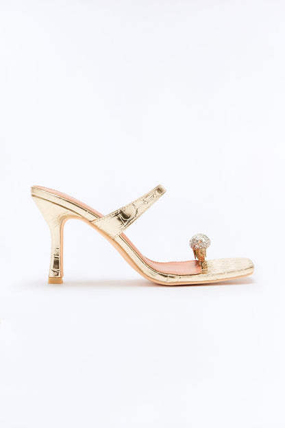 Camille Embellished Toe Ring Mules - Gold