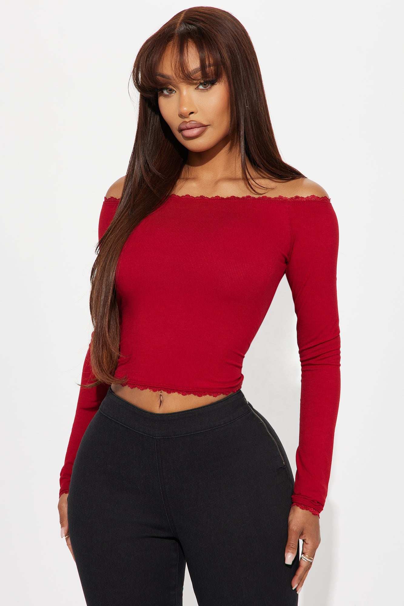 Lia Off Shoulder Lace Trim Top - Red