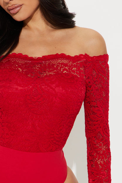 Katie Lace Off Shoulder Bodysuit - Red