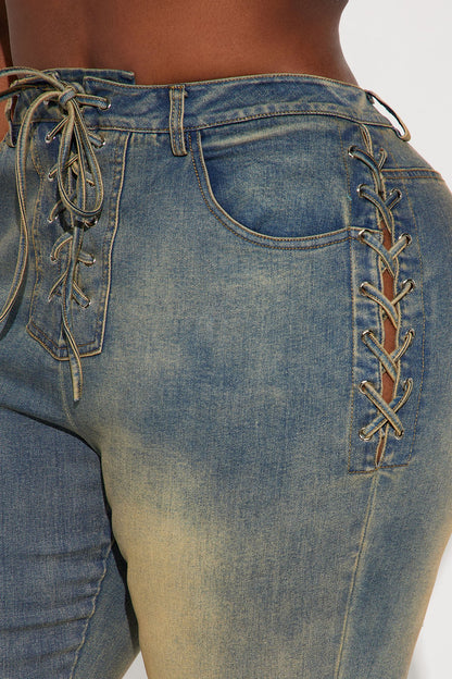 Out In The Town Lace Up Stretch Flare Jeans - Vintage Wash
