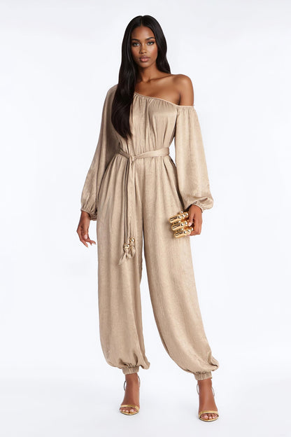 Tia Tie Waist Balloon Wide Leg Jumpsuit - Champagne