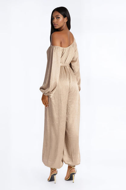Tia Tie Waist Balloon Wide Leg Jumpsuit - Champagne
