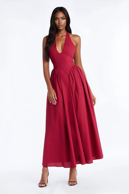 Maisie Drop Waist Poplin Maxi Dress - Wine