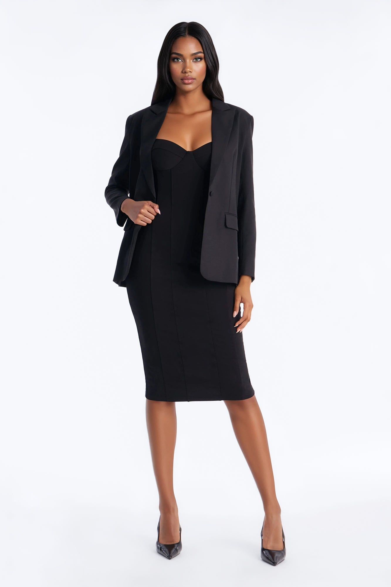 Albia Blazer Midi Dress Set - Black