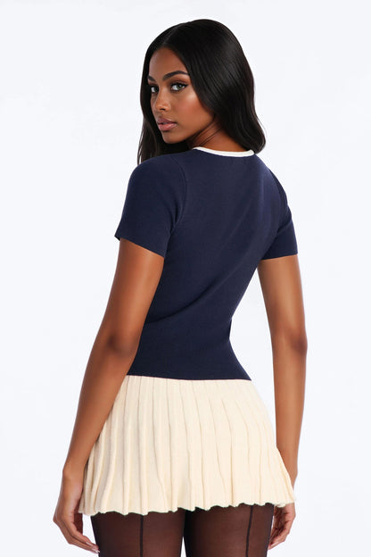 Sofia Short Sleeve Sweater Top - Navy/combo
