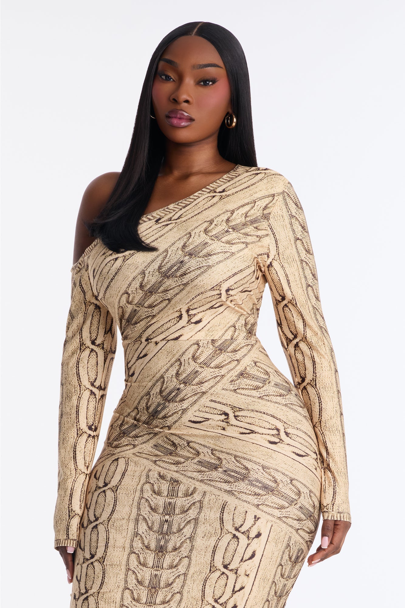 Chained Up One Shoulder Midi Dress - Taupe