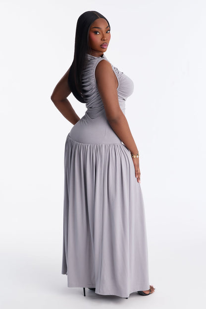 Maisie Ruched Drop Waist Maxi Dress - Grey