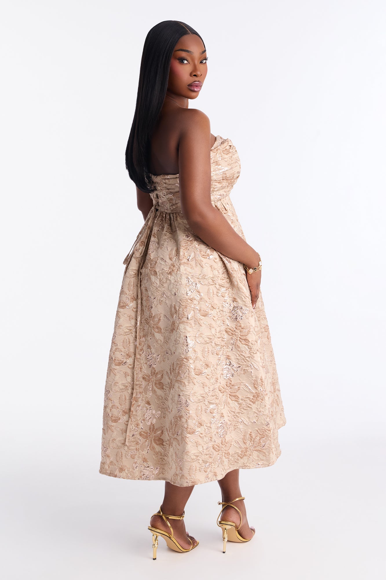 Sweet Like Me Glitter Floral Jacquard Midi Dress - Mocha