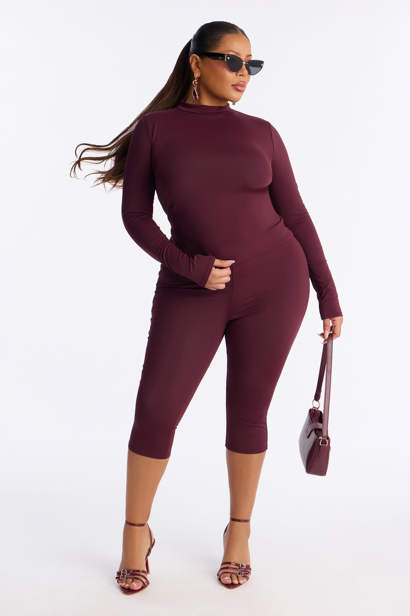 Isabelle Mock Neck Capri Set - Burgundy