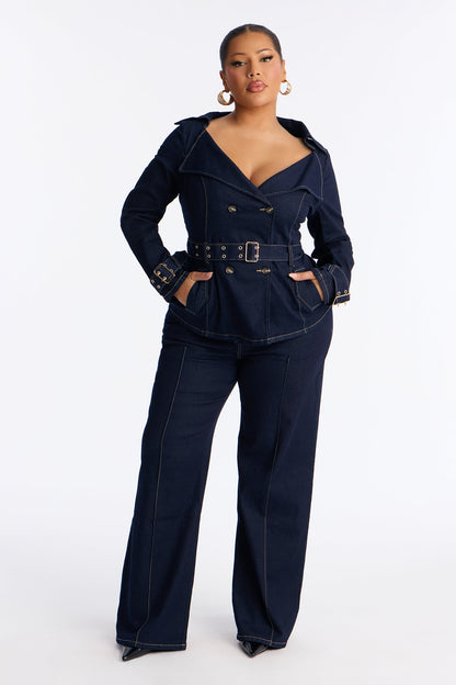 Ellanor Belted Trench Denim Pant Set - Dark Denim