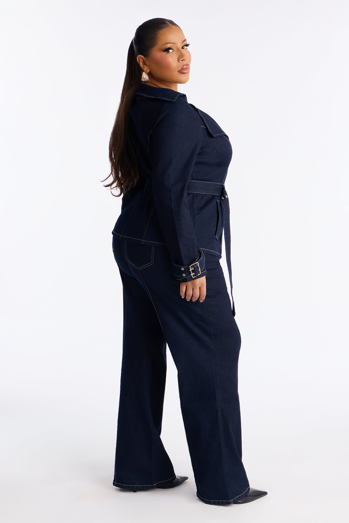 Ellanor Belted Trench Denim Pant Set - Dark Denim