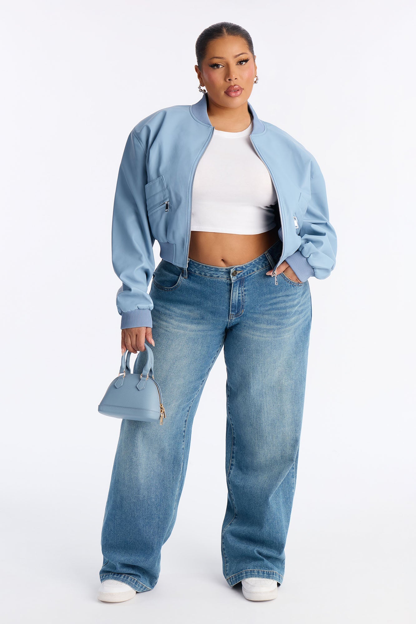 Ashton Faux Leather Shoulder Pad Bomber Jacket - SkyBlue