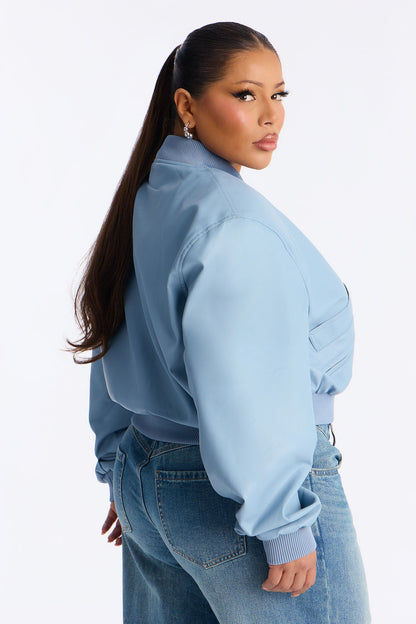 Ashton Faux Leather Shoulder Pad Bomber Jacket - SkyBlue