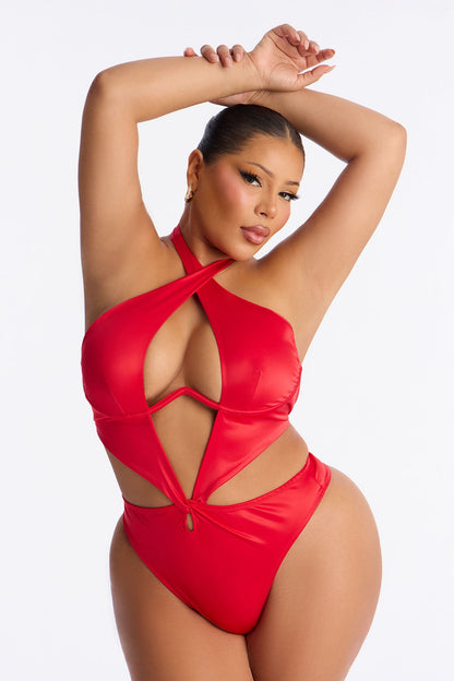 Soft Flame Stretch Satin Teddy - Red