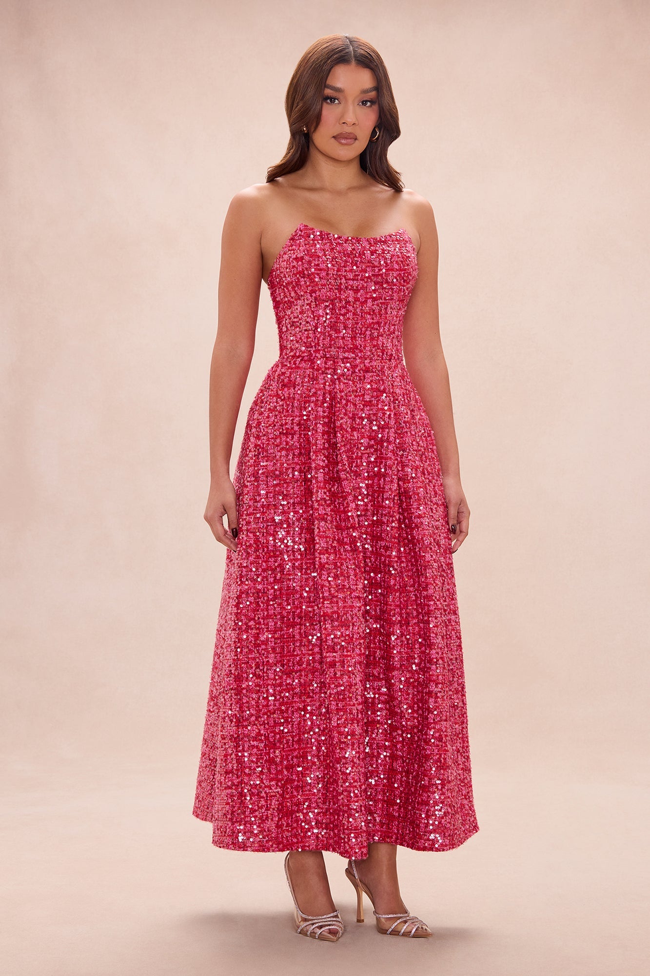 Margot Embellished Tweed Midi Dress - Hot Pink