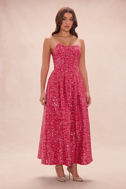 Margot Embellished Tweed Midi Dress - Hot Pink