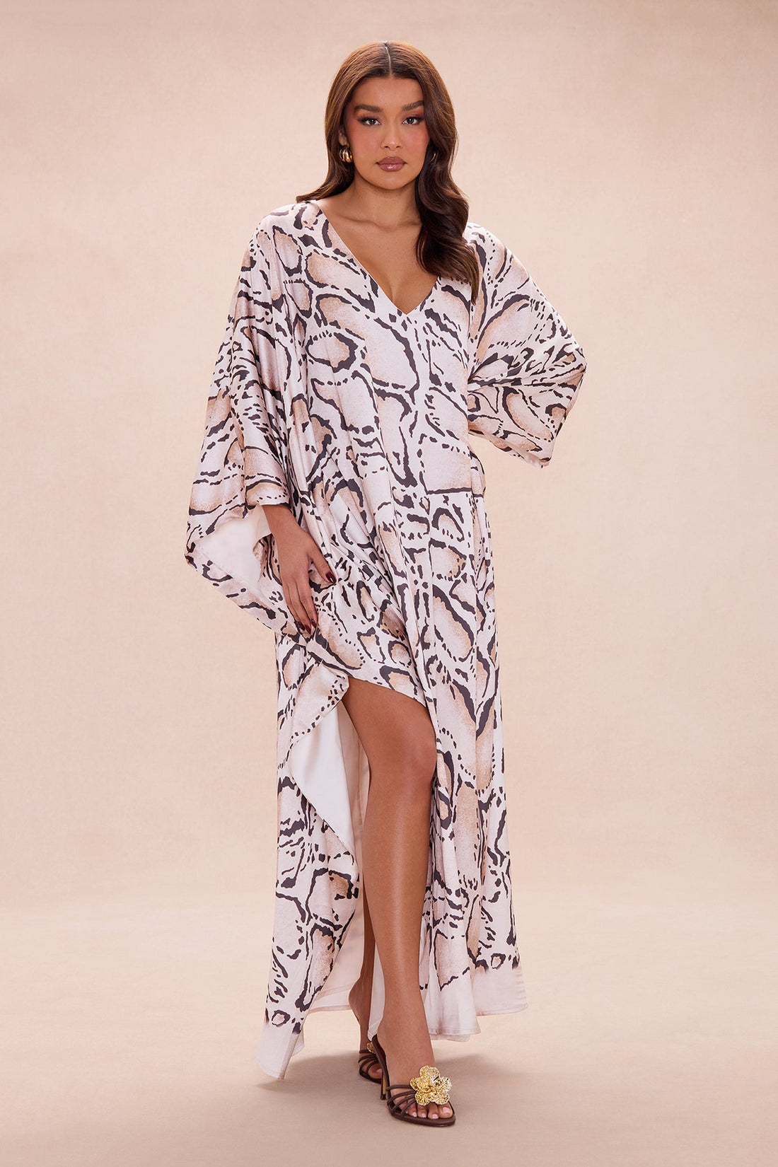 Athens Satin Kaftan Dress - Brown/combo
