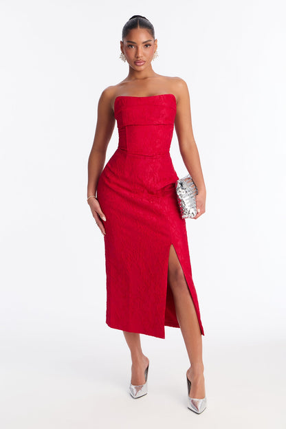 Scarlett Strapless Floral Jacquard Midi Dress - Red