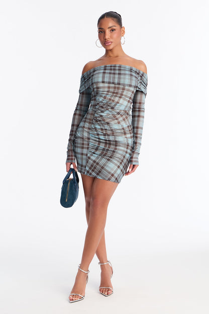 Kelsea Off Shoulder Plaid Mesh Mini Dress - Blue/combo