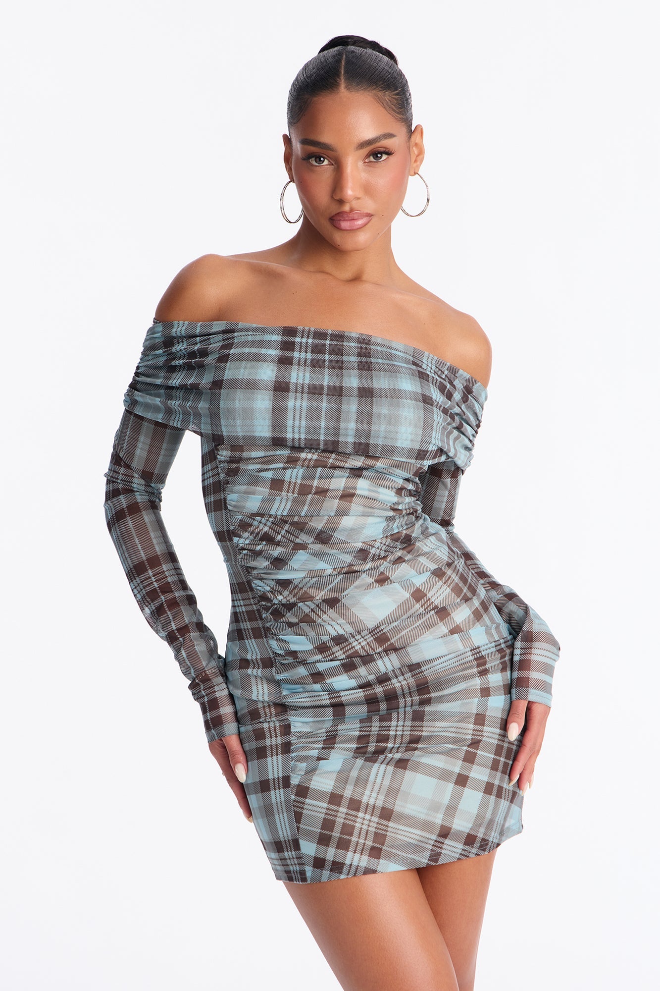 Kelsea Off Shoulder Plaid Mesh Mini Dress - Blue/combo