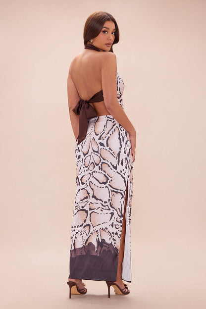 Raelynn Satin Halter Skirt Set - Brown/combo