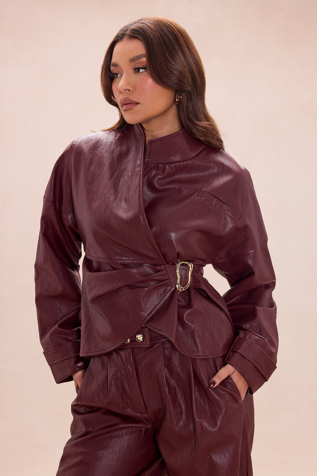 Mariella Faux Leather Jacket - Burgundy
