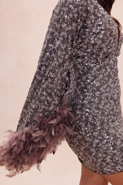 Opal Dreams Feathered Sequin Mini Dress - Chocolate