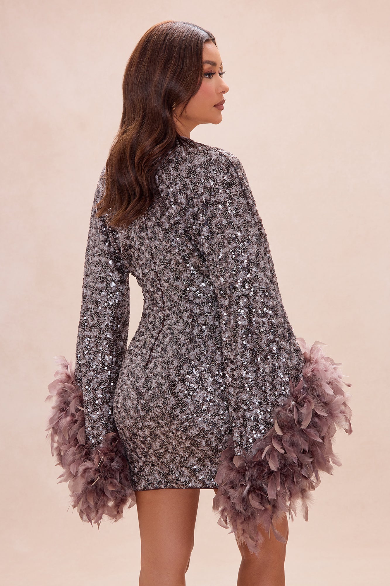 Opal Dreams Feathered Sequin Mini Dress - Chocolate
