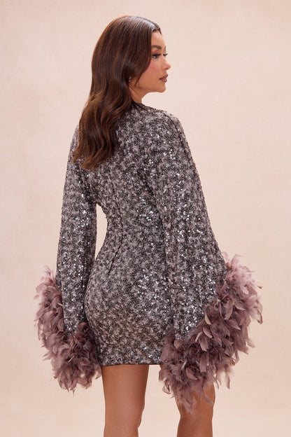 Opal Dreams Feathered Sequin Mini Dress - Chocolate