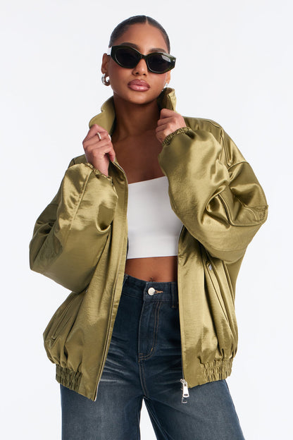 Remy Cargo Satin Bomber Jacket - Olive