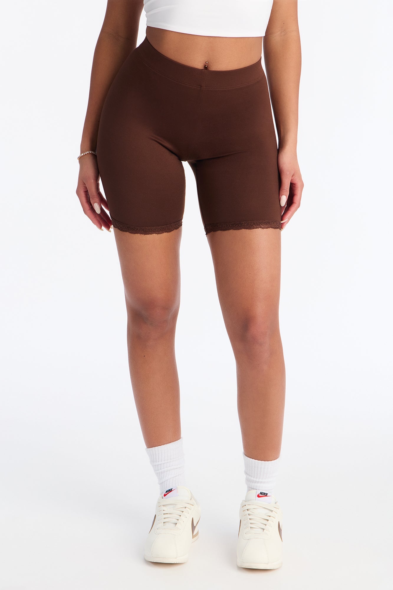 Camille Lace Trim Biker Short - Chocolate