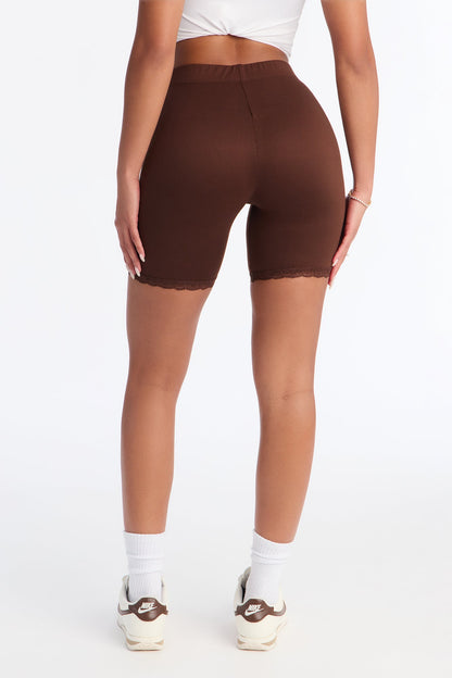 Camille Lace Trim Biker Short - Chocolate