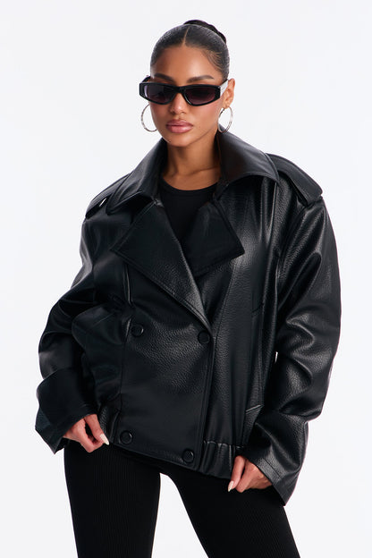 Adrienne Double Breasted Faux Leather Jacket - Black