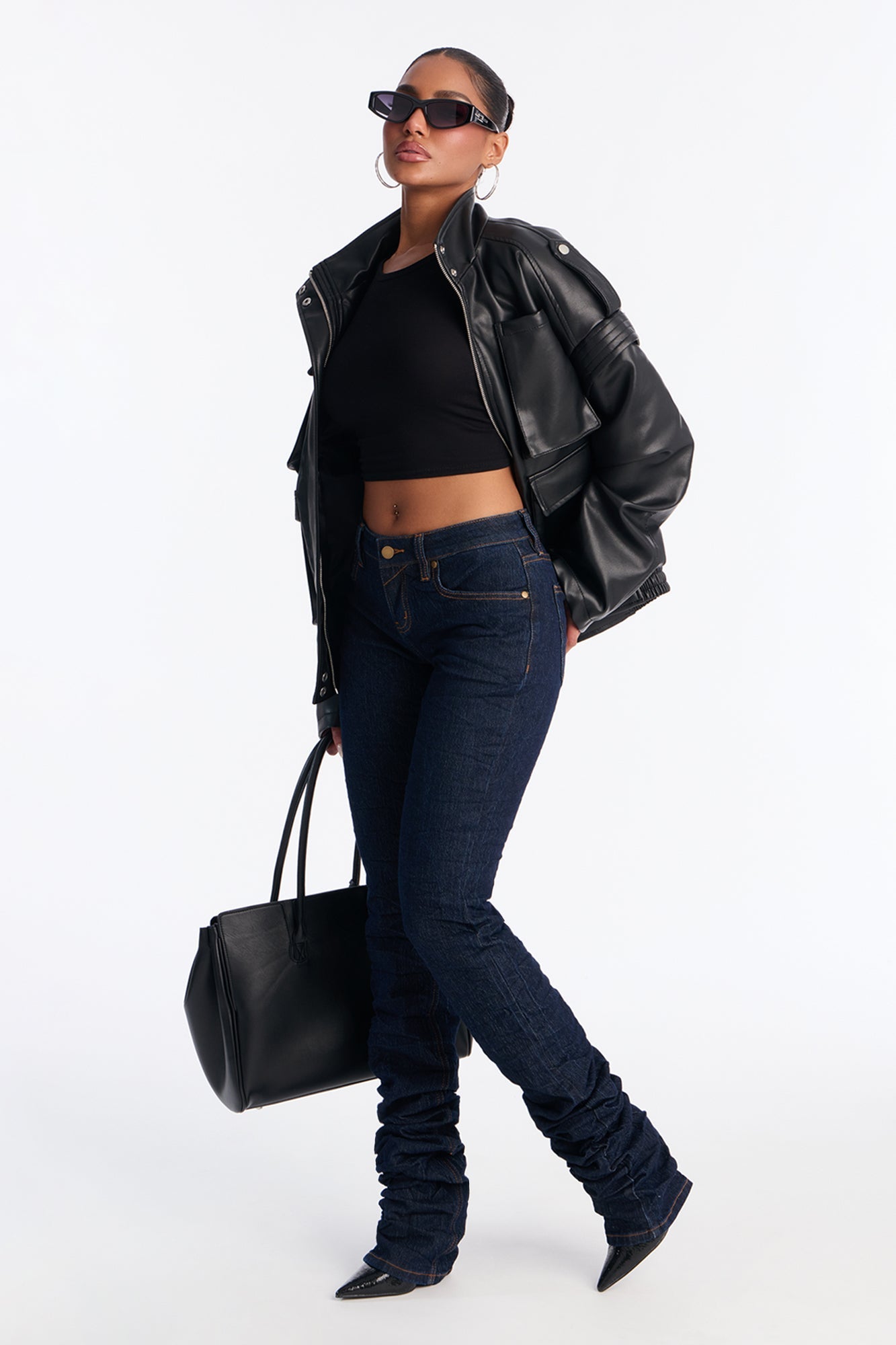 Downtown Crinkled 3D Stretch Stacked Skinny Jeans - Dark Denim