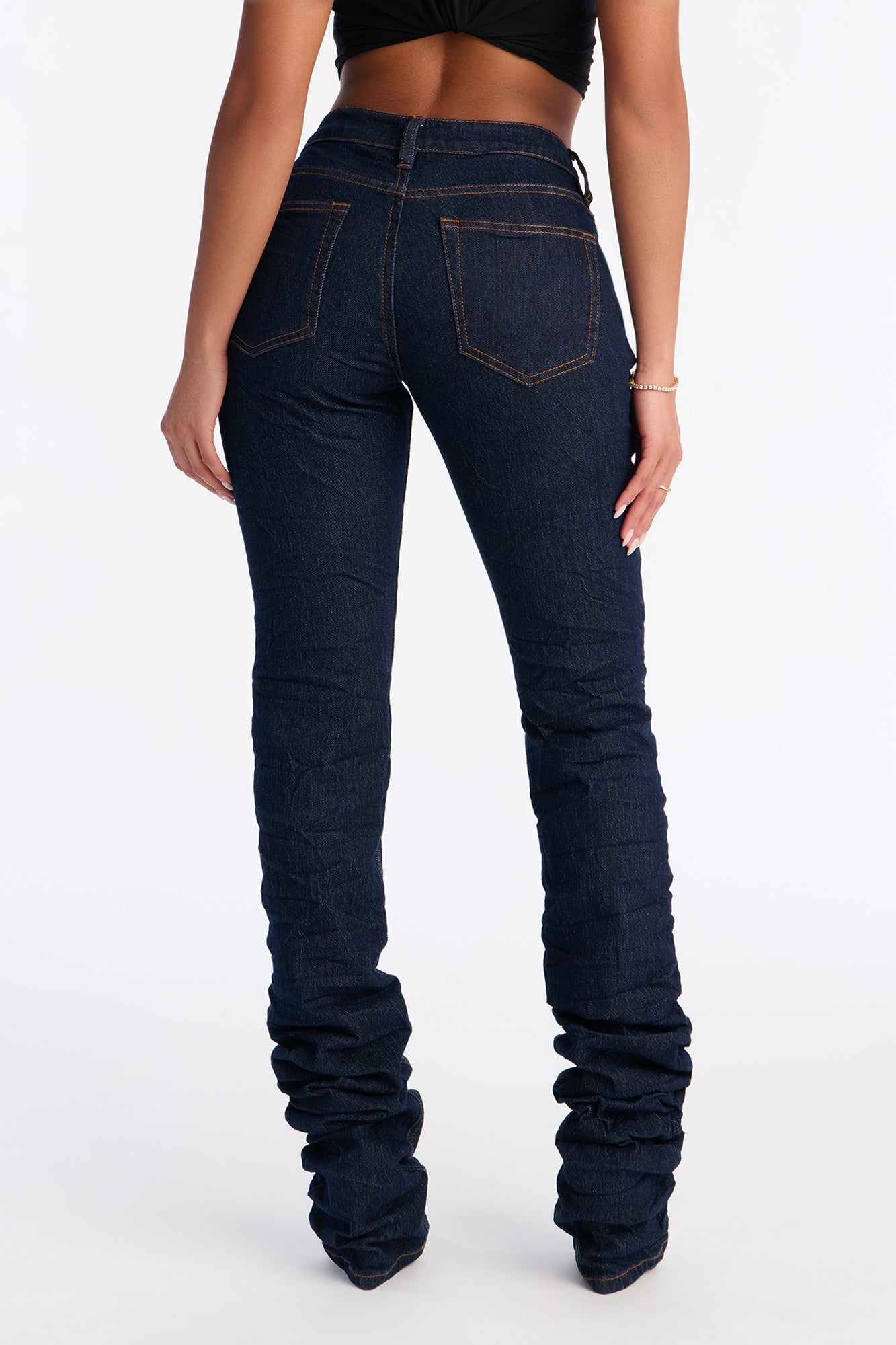 Downtown Crinkled 3D Stretch Stacked Skinny Jeans - Dark Denim